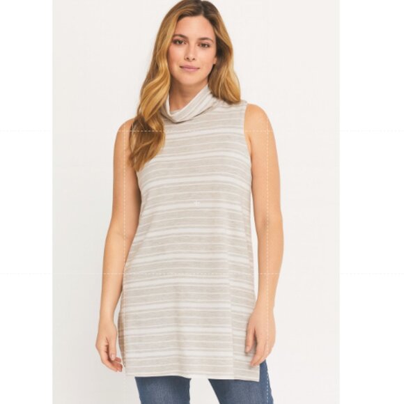Garnet Hill SZ XL Gray & White Mock-Neck Stiped Tunic Soft Tencel French Terry - Picture 1 of 9